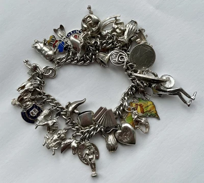 £99 • Buy Vintage Silver Charm Bracelet With 39 Charms