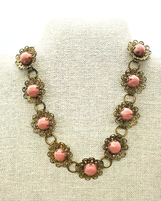 Vtg Unmarked MIRIAM HASKELL Hot Pink Glass Flower Filigree Metal Necklace Choker • $130.50