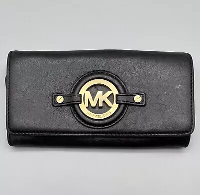 Michael Kors Fulton Flap Continental Wallet Soft Black Leather Gold Logo • $21.50