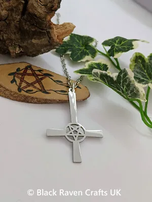 Inverted Cross With Pentagram Pendant Pagan Occult Stainless Steel Necklace • £8.99