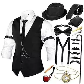  1920s Mens Costume Accessories Outfit With Gangster Vest Fedora Hat Vintage  • $61.66
