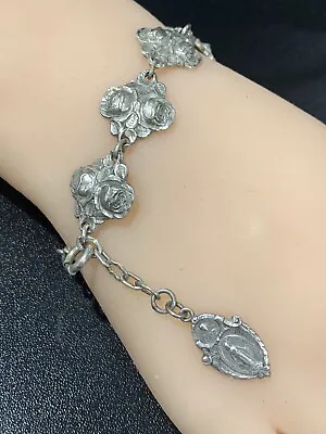 Vintage HVH Sterling Silver Rosary Catholic Saints Rose Panel Link Bracelet 7”-8 • $151.20