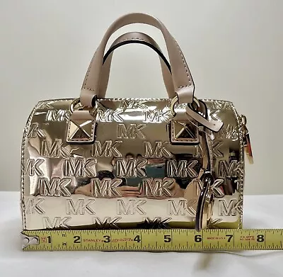MICHAEL KORS Grayson Small Logo Embossed Gold Patent Leather Satchel & Dustbag • $189.98