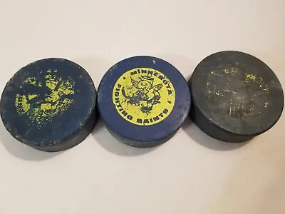 1970s Minnesota Fighting Saints WHA Blue Hockey Puck Lot Of 3 Made In Canada • $39.99