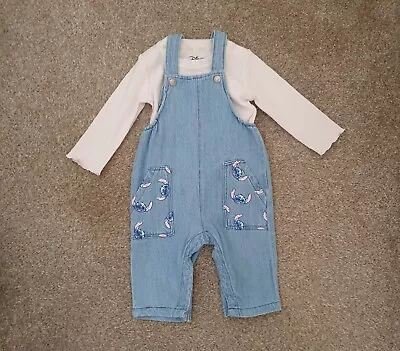 Baby Girls Stitch Denim Dungarees Outfit Age 3-6 Months • £2.50