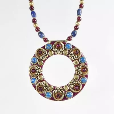 Old World Style Michal Golan 24K GP Garnet Lapis Lazuli Open Circle Necklace • $96