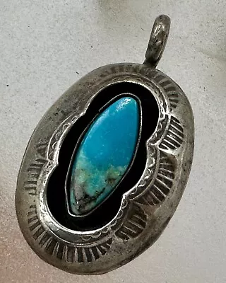 Vintage Sterling Silver Turquoise Stamped Navajo Pendant Signed Native Indian • $49.99