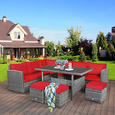 Patiojoy 7 PCS Patio Rattan Dining Set Sectional Sofa Couch Ottoman Outdoor Red • $639.99