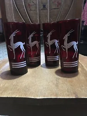 Lot 4 Vintage Hazel Atlas Red Cranberry Highball Drinking Glasses Gazelle • $20