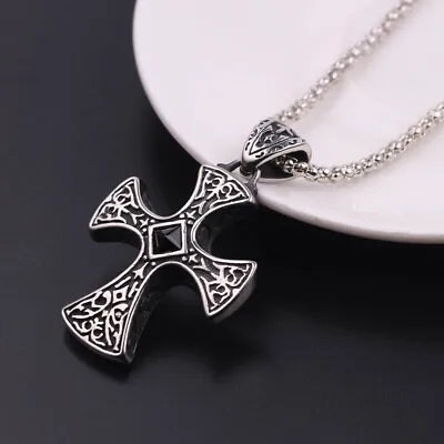 Men's Large Maltese Cross Black Rhinestone Center Pendant Necklace Popcorn Chain • $11.99