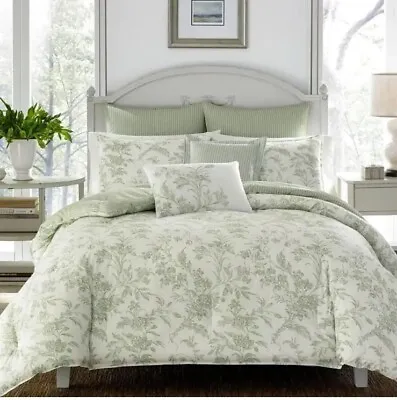 Laura Ashley Comforter Set Natalie Floral Cotton Polyester King 7-Piece Green • $127