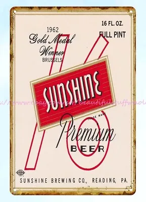 Pub Shop  Plaque 1950s Sunshine Premium Beer Brewing Reading PA Metal Tin Sign • $18.89