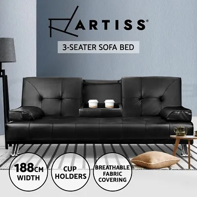 Artiss Sofa Bed Lounge Futon Couch Leather Beds 3 Seater Cupholder Recliner • $336.95