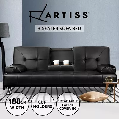 Artiss Sofa Bed Lounge Futon Couch Leather Beds 3 Seater Cupholder Recliner • $349.95