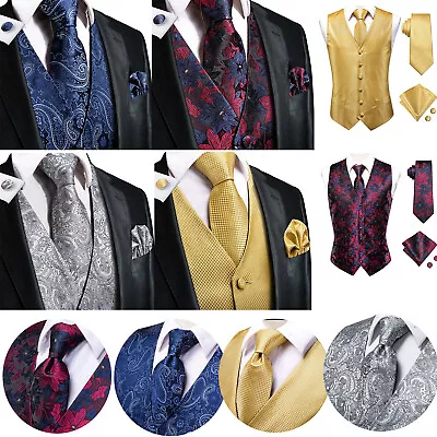 Paisley Floral Solid MNEens Vest Necktie Hankie Cufflinks Set Wedding Waistcoats • $47.98