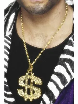 Dollar Sign Medallion Gold Chain Pimp Gangsta Rapper Mens Fancy Dress Accessory • £7.63