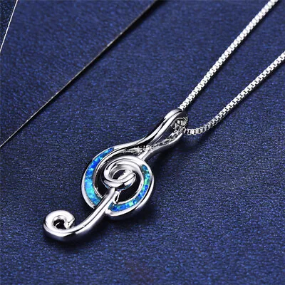 Silver Lab Blue Simulated Opal Cz Musical Note Necklace Pendant For Women • $0.01