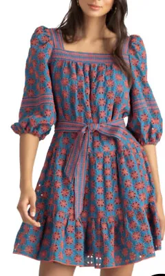 $134 • Buy $440. Shoshanna   Celia Blouson   NWT Eyelet  Ruffle Tie  Mini  Dress Sz 4