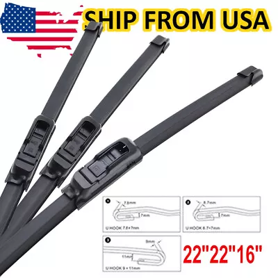 3Pcs 22 /22 /16  Front & Rear Windscreen Wiper Blades Set For J Hook Wiper Arm  • $13.95