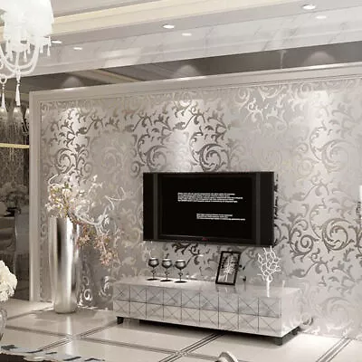 Luxury 3D Metallic Textured Damask Embossed Wallpaper Silver Glitter Home Decor • £8.99