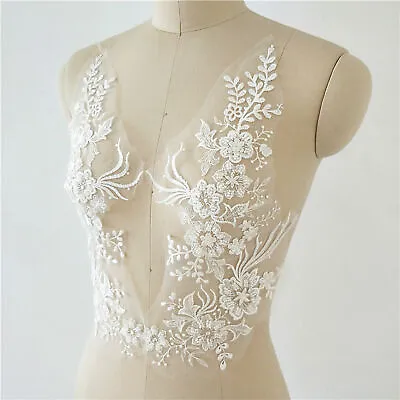 Off-White Wedding Dress Flower Mirror Pair Beaded Embroidery Lace Applique • £7.99