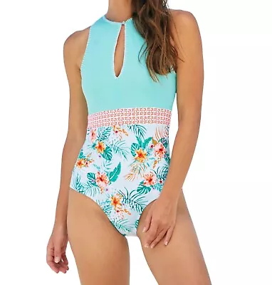 CABANA LIFE Cayman Embroidered Keyhole One-Piece 50+UV In Blue Multi Size XL • $29.99