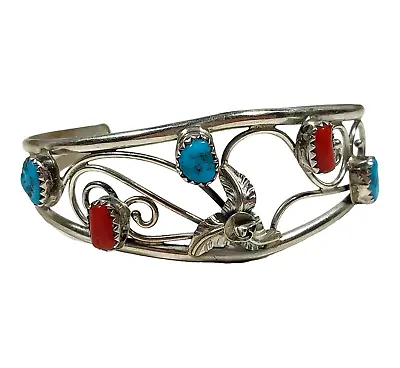 Navajo Carolyn Nez S. Silver Turquoise Coral Cuff Bracelet 6.25  Signed Jewelry • $112
