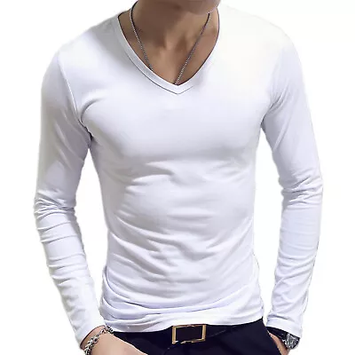 US Men's Slim Fit V-Neck Long Sleeve Pullover T-Shirt Muscle Workout Tee Top • $11.03