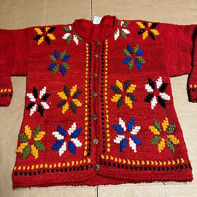 VTG Ecuador Hand Knit 100% Wool Cardigan Red Floral Sweater Women’s Size XL-XXL • $59.99