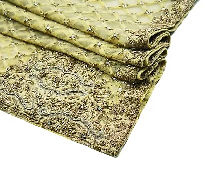 Vintage Heavy Beige Dupatta Net Mesh Long Stole Hand Embroidered Scarf Zardozi • $107.13