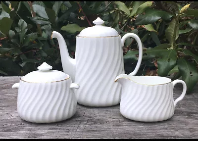 Minton Clifton Gold Trim White Swirl 3 Pc COFFEE SET Pot Sugar Creamer • $150