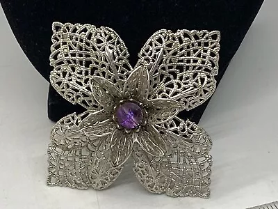 Vtg. Unmarked Czechoslovakia Purple Beaded & Silver Tone Filigree Flower Brooch • $0.99