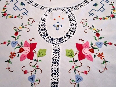 $150 • Buy Vtg Tablecloth Hand Embroidered Cross Stitch Roses Crochet Lace Applique 64x80