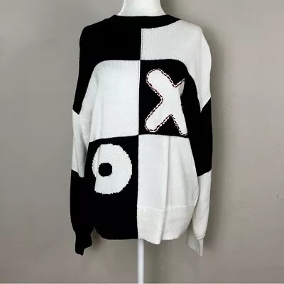 Staud Tic Tac Toe Black White Check Crew Neck Sweater Size Small • $99.99