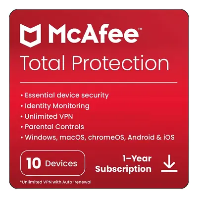 McAfee Total Protection 2024 - 10 Devices 1 Year - [Download] • £9.99