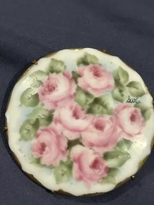 Vintage / Antique Hand Painted PINK ROSES Porcelain Round Brooch Pin Lapel 2 In • $39.95