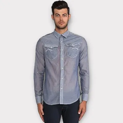 G Star Raw Revolve Mens Medium Lightweight Chambray Shirt Royal Blue Snap Button • $20