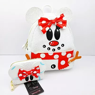 Loungefly Disney Snowman Minnie Mouse Sequin Cosplay Mini Backpack And Wallet • $169.95