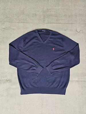 Polo Ralph Lauren Washable Pima Cotton Sweater Mens L Blue V Neck Long Sleeve • $19