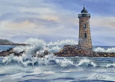 Sheerwatercolors Original Painting Whaleback Light Seascape Coastal Decor Maine • $65.99