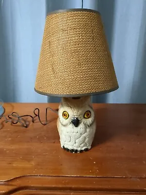 Vintage Mid Century Modern Chalkware Owl Table Lamp W/ Shade Tested 14  Tall  • $29.95