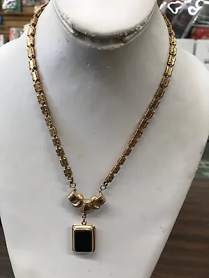 Vintage Gold Filled Book Chain Onyx And Carnelian Photo Locket Necklace 18 Inch • $125