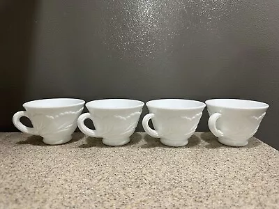 4 Vintage Indiana Glass Milk Glass Pebble Leaf Pattern Punch Bowl Cups In EUC • $12