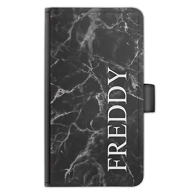 Personalised Initials PU Leather Phone Case Name Black Marble Side Flip Cover • $32.58