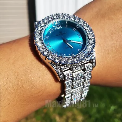 Watch Hip Hop Iced Silver Plated Teal Blue Dial Luxury Simulated Diamond Bling • $27.99