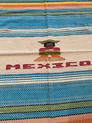 VTG Mexican Woven Table Cloth Blue Yellow Fabric Fringe 50” X 50” • $31.50
