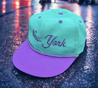 Vintage New York Rope Strap Back Hat Cap Teal Purple Blonde Pelican One Size • $12.95