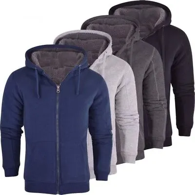 Mens Sherpa Fleece Fur Lined Winter Plain Hoodie Jacket Thick Hooded Zip Top New • £23.99