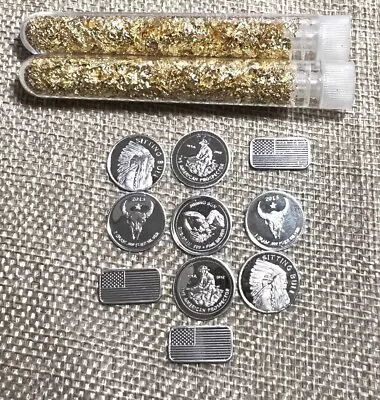 Us Silver Mixed Bullion Bars Rounds Coins .999 & 2 Vials Of Gold Flakes • $54