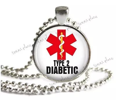 Type 2 Diabetic Medical Alert Necklace Glass Top Pendant Silver Setting & Chain • $10.95